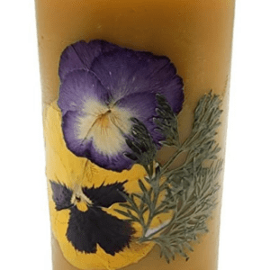 Set of Three Pure Beeswax Pillars Decorated with Pressed Flowers, 4, 6 and 9 Inches Tall. SAVE on the Set.