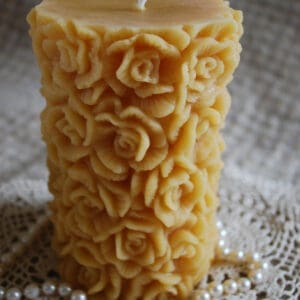 Beeswax Candle Rose Covered Pillar Candle Natural Gold Color